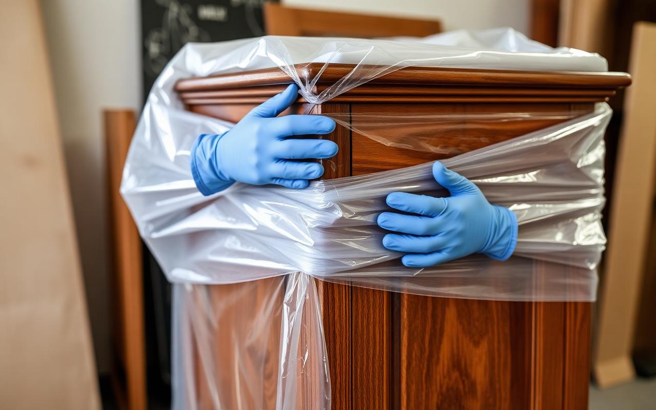 Antique cabinet being wrapped in blankets and stretch film