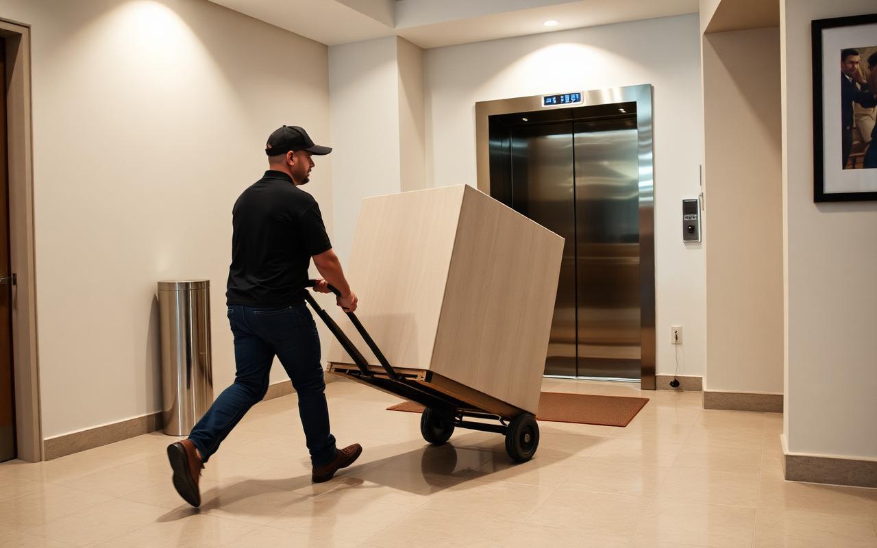 Delivery through a Kingston condo lobby toward the elevator
