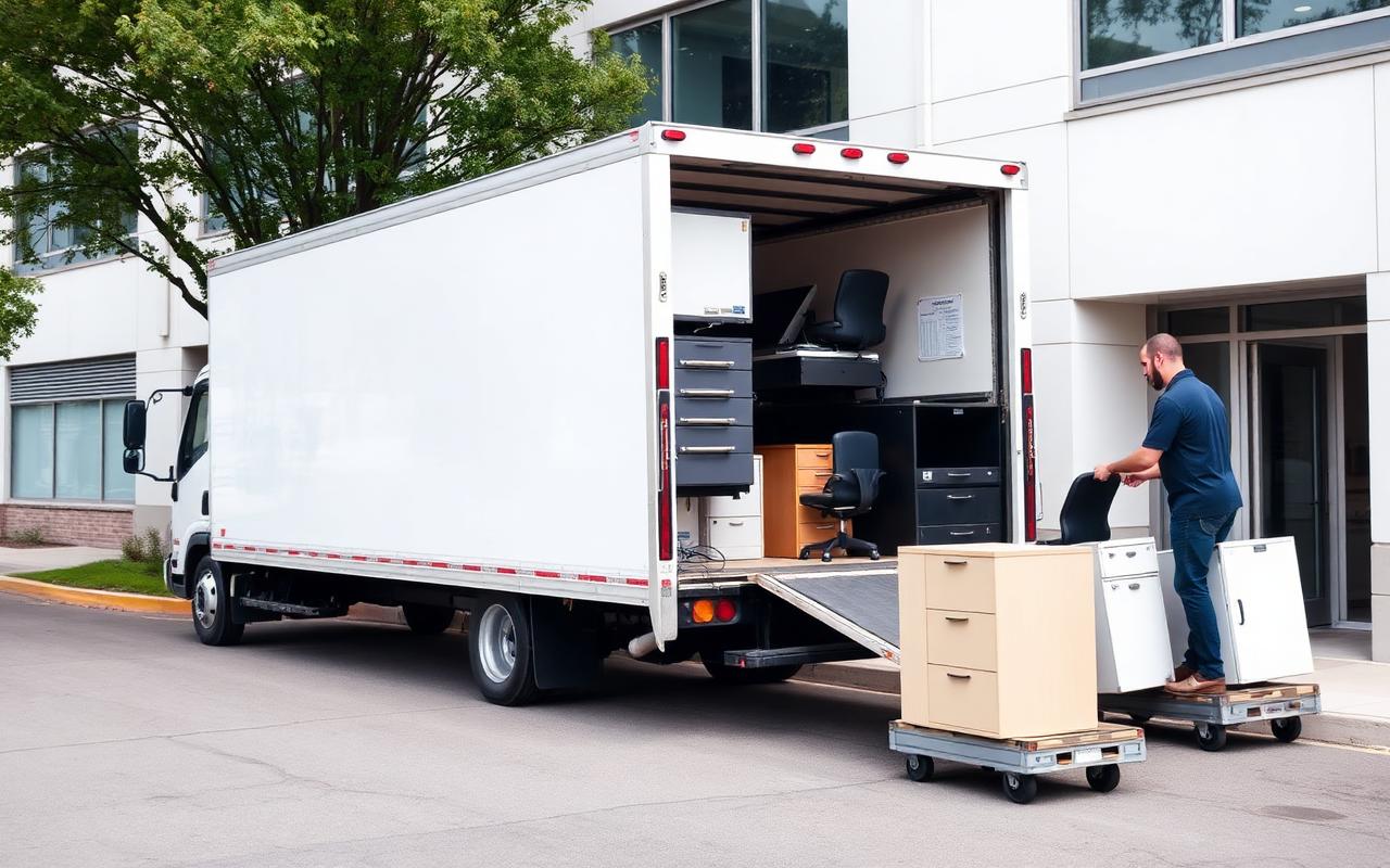 Office furniture being loaded into a box truck in Belleville