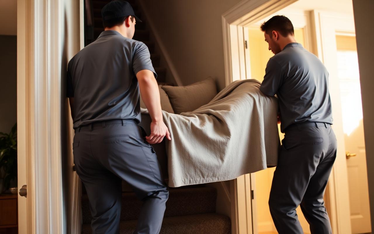 Movers carrying a blanket-wrapped sofa upstairs in Quinte West