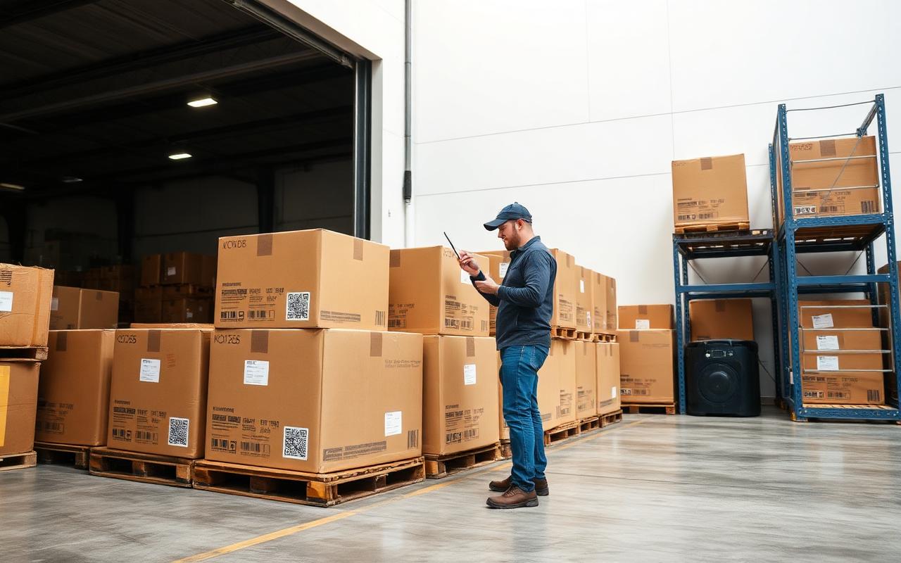 Forklift loading skids into a straight truck at a warehouse loading dock
