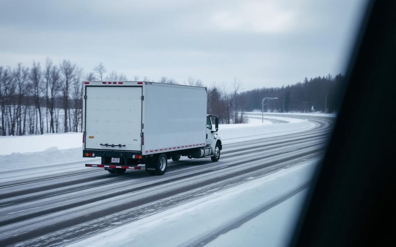 Box truck on a snowy Eastern Ontario highway in winter