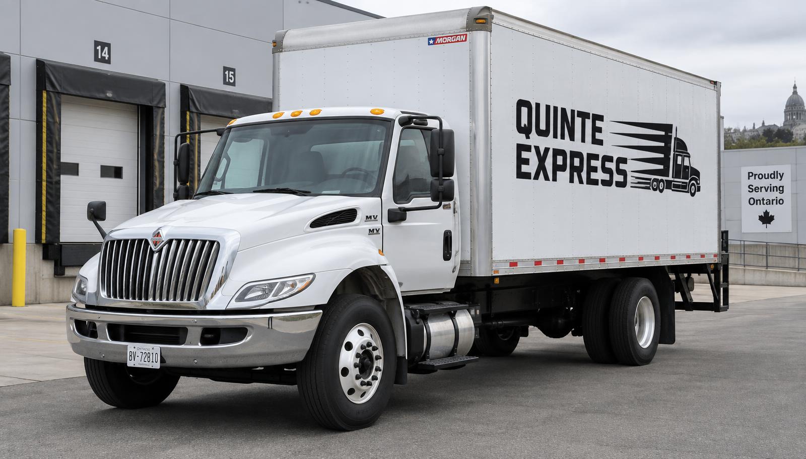 Quinte Express International MV 26-foot straight truck with liftgate parked at an Ontario loading dock