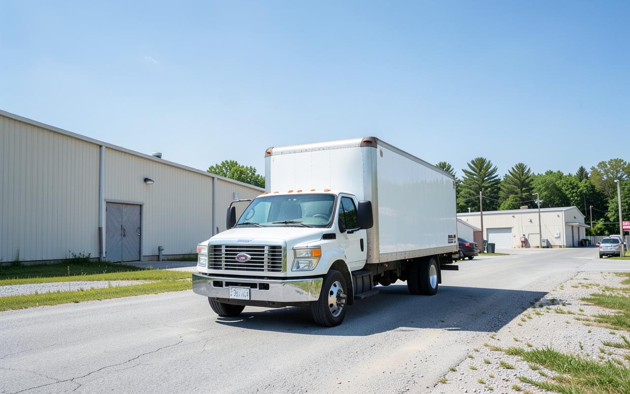 Delivery truck parked at a Belleville warehouse loading dock during a commercial freight drop-off