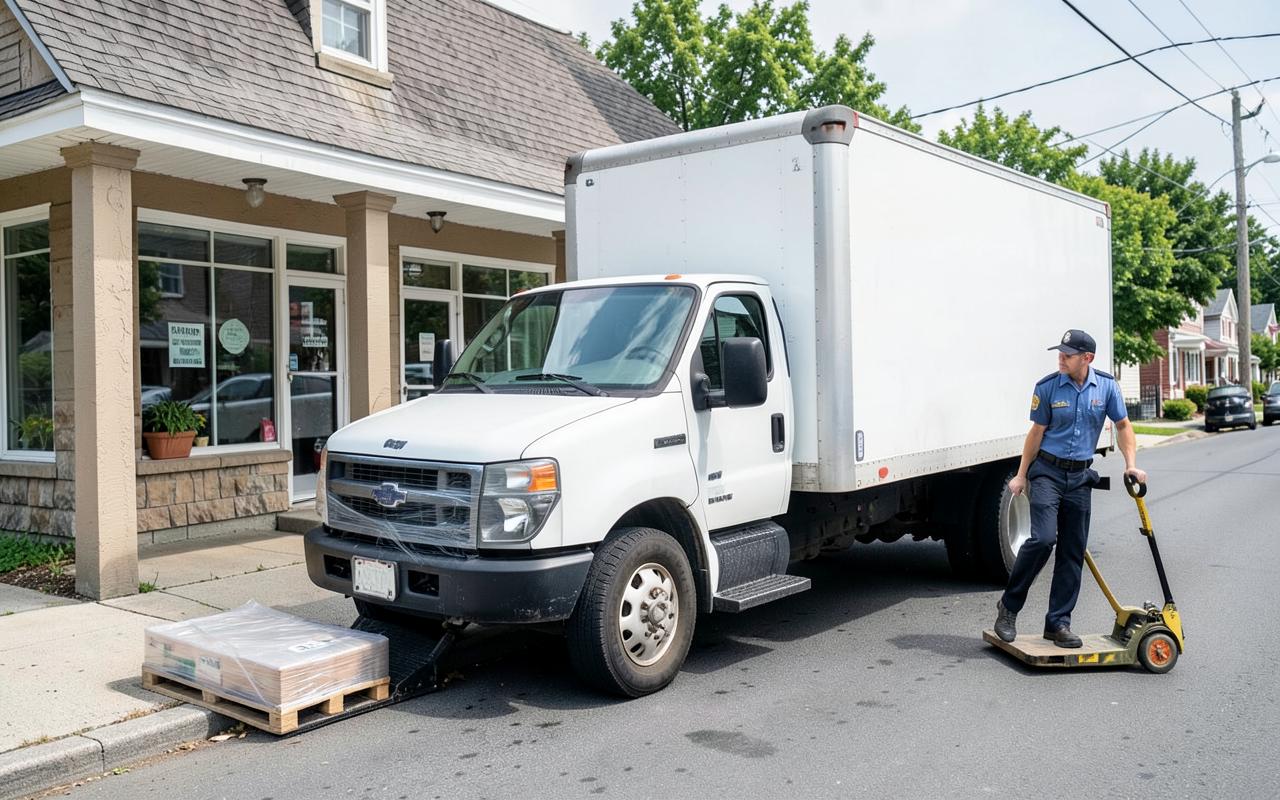 Delivery driver lowering a pallet on a truck liftgate to a curbside location