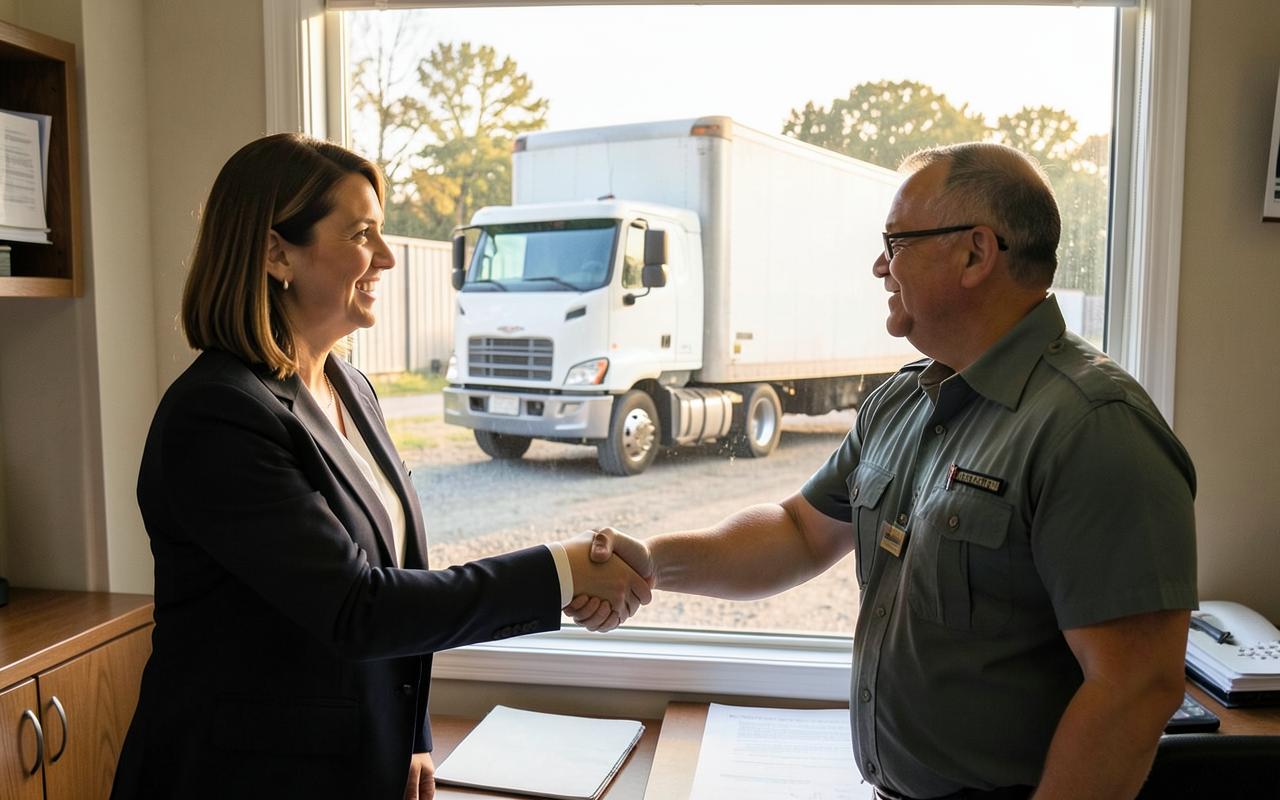 Business owner reviewing a delivery schedule and truck details with a dispatcher