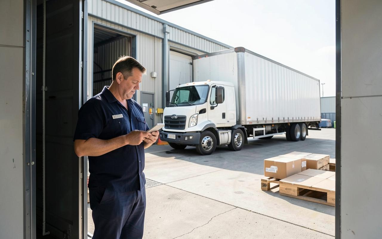Warehouse receiving clerk checking a delivery schedule board next to a loading dock