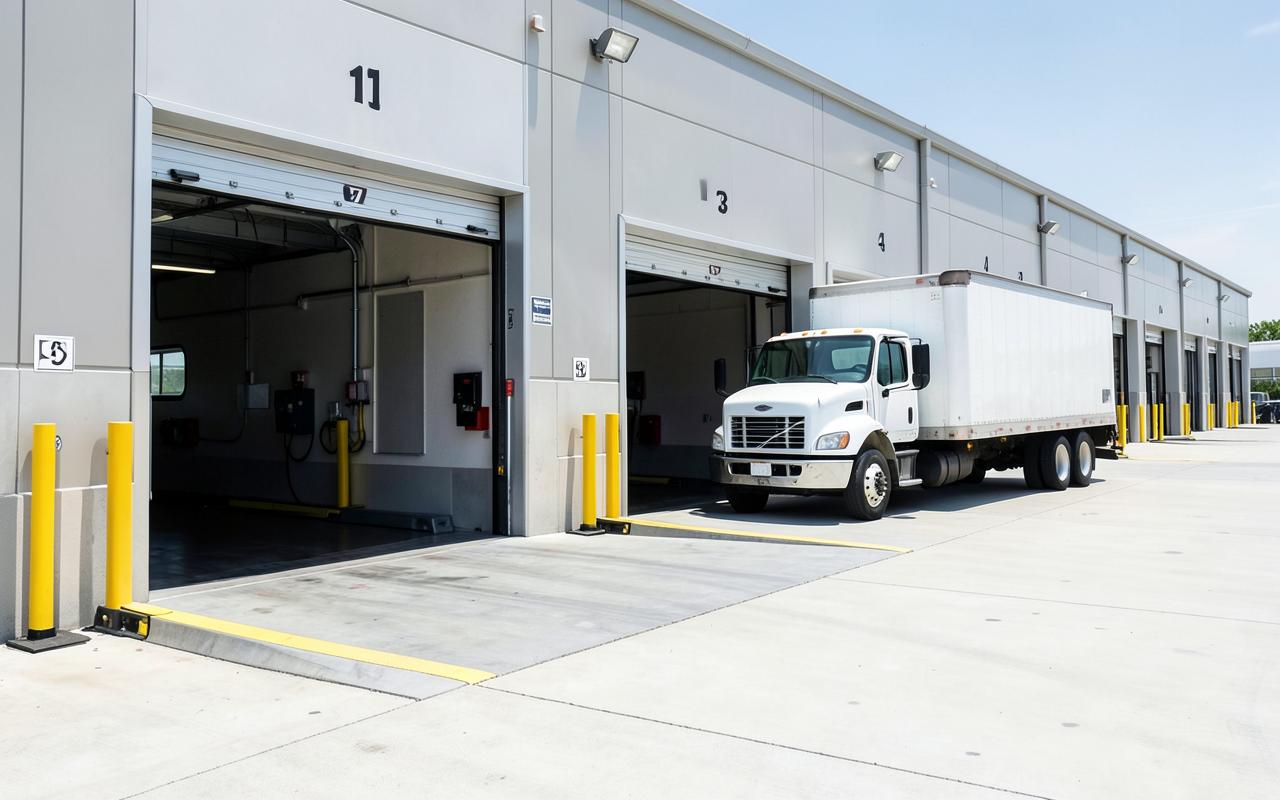 Close-up of numbered commercial loading dock doors at a distribution warehouse