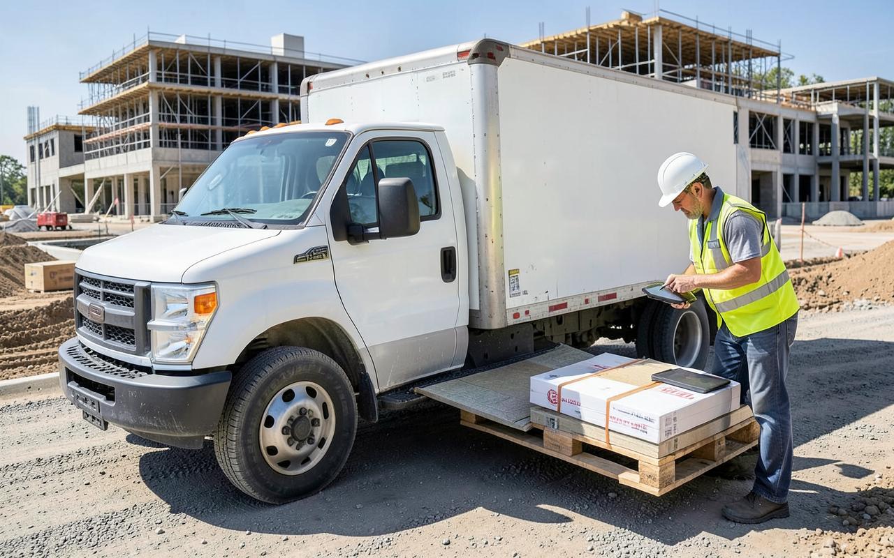 Delivery crew unloading palletized building materials at a commercial construction site