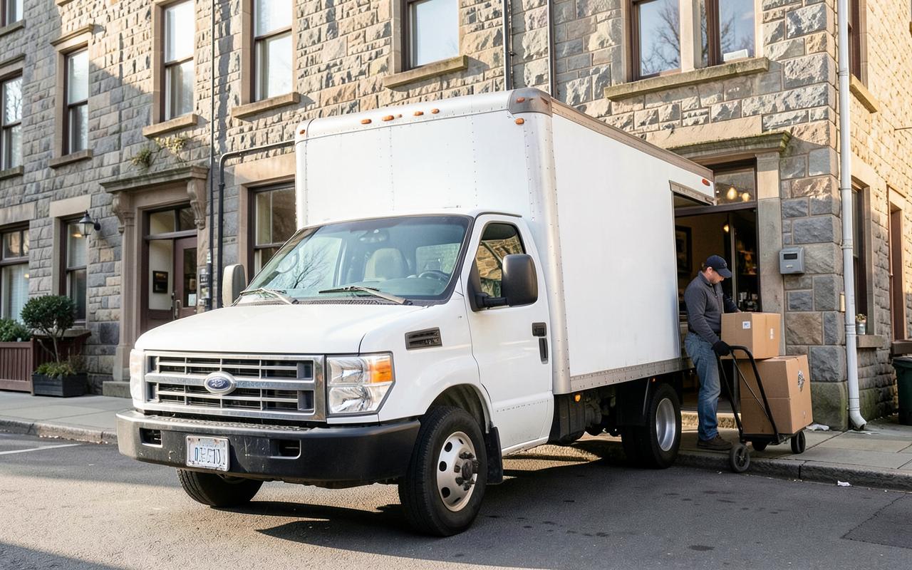 Commercial delivery truck unloading palletized freight at a Kingston business receiving dock