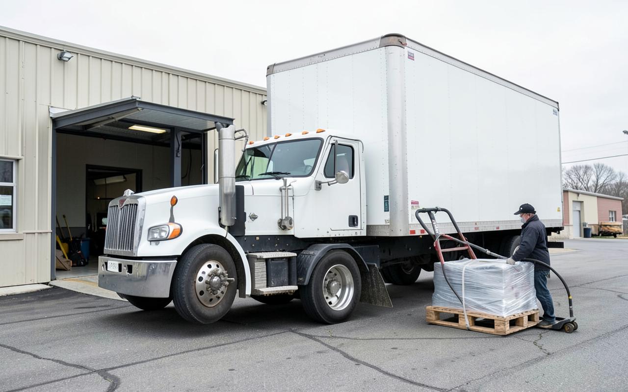 Straight truck with liftgate backed up to a Belleville warehouse loading dock while a pallet is moved with a pallet jack