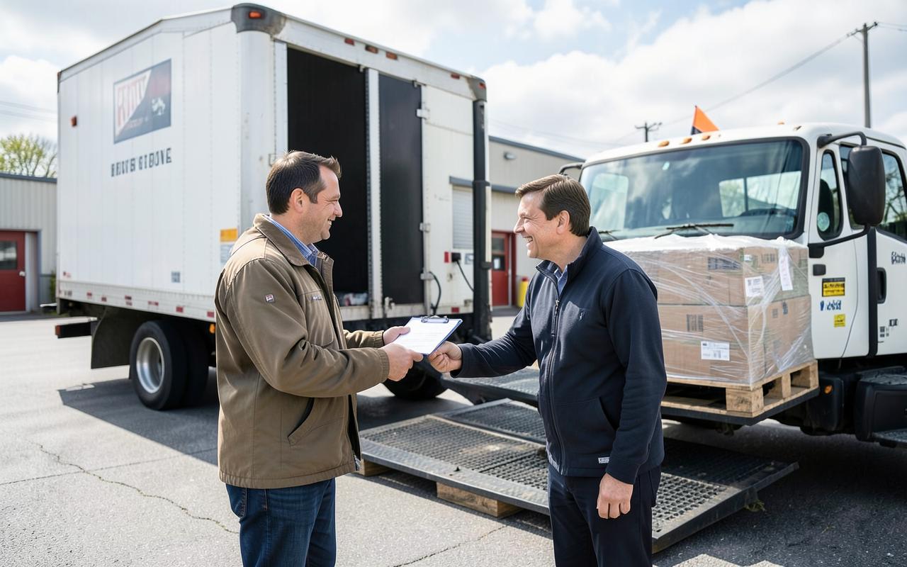 Quinte Express driver and warehouse receiver reviewing proof of delivery beside a straight truck at a Belleville dock