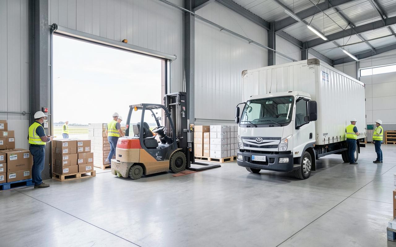 Pallets of finished manufactured goods being loaded from a factory shipping dock onto a truck