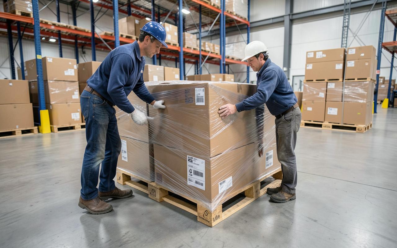 Warehouse worker stretch-wrapping a labelled pallet before commercial freight pickup