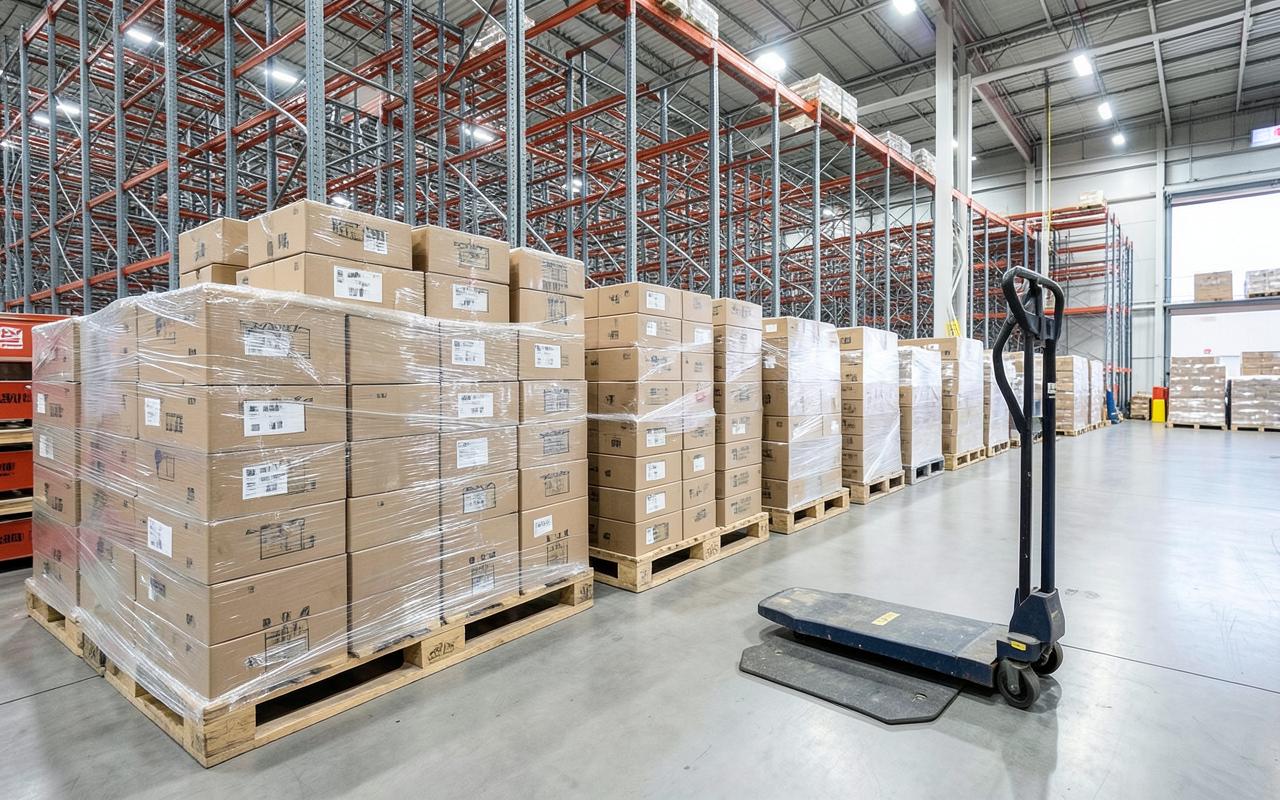 Stretch-wrapped pallets of boxed goods staged on a warehouse floor awaiting pickup