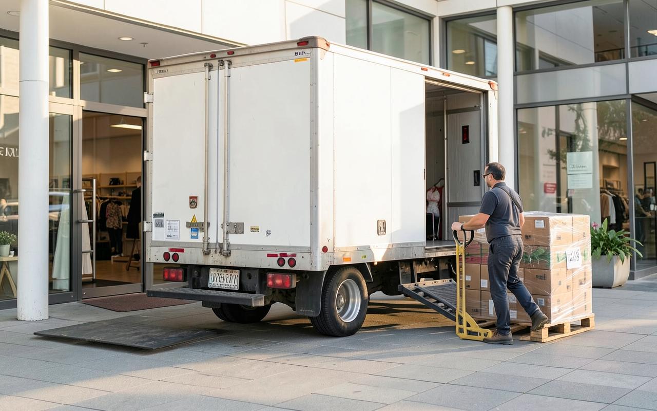 Retail staff receiving palletized inventory boxes at a store back-door entrance