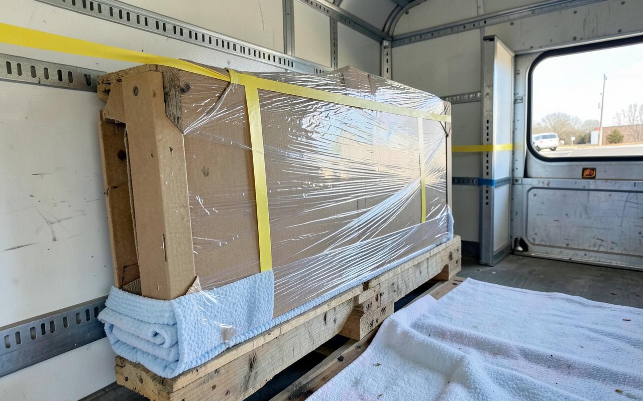 Pallet of boxed freight secured with stretch wrap and load straps inside a delivery truck
