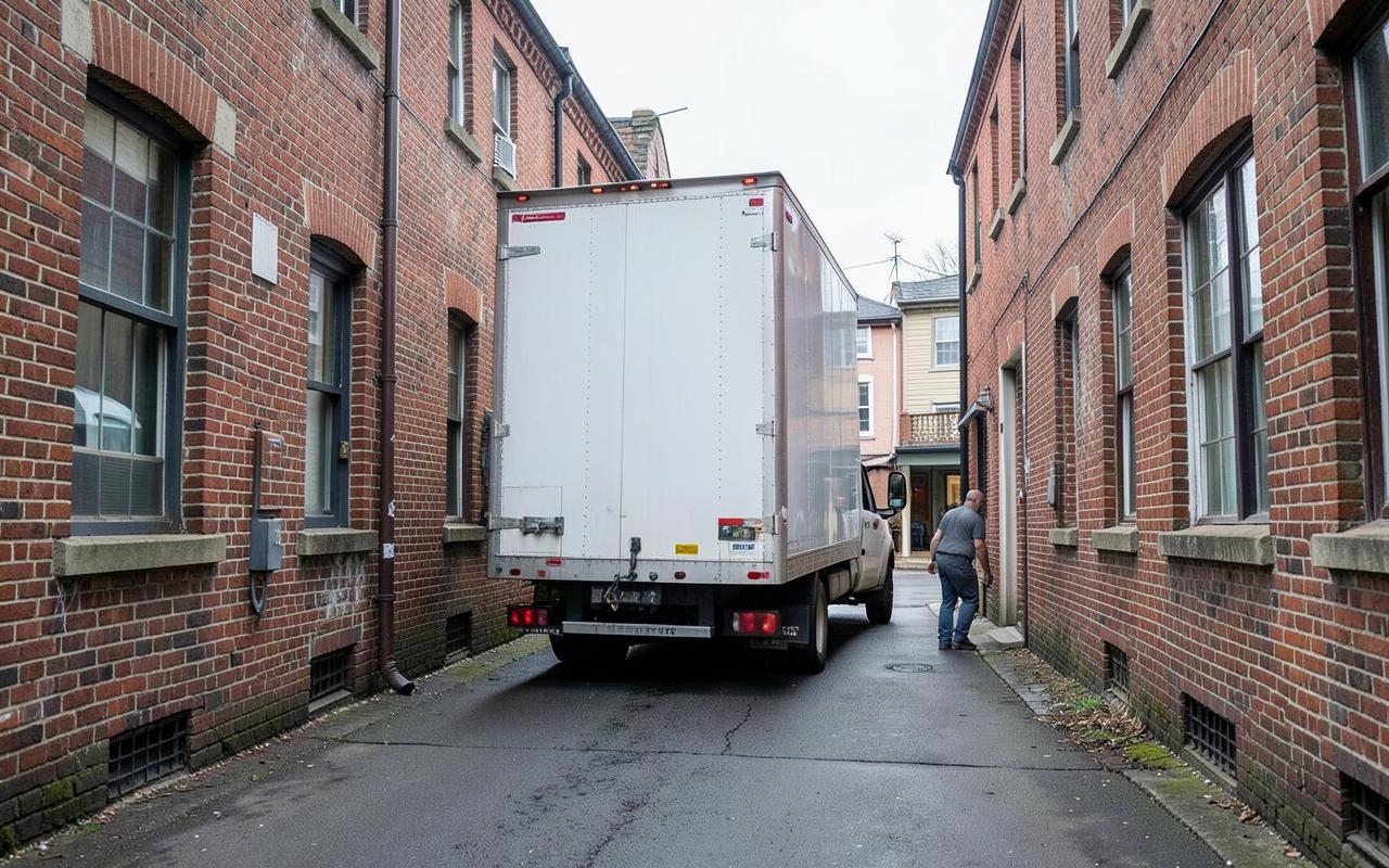 Delivery truck parked beside a narrow loading dock entrance in an older downtown building